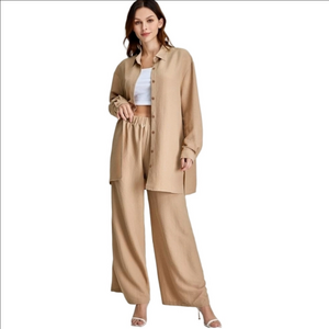 Women 2 Piece Wide Leg Pants Button Down Blouse Set Tan Bohemian New With Tag L